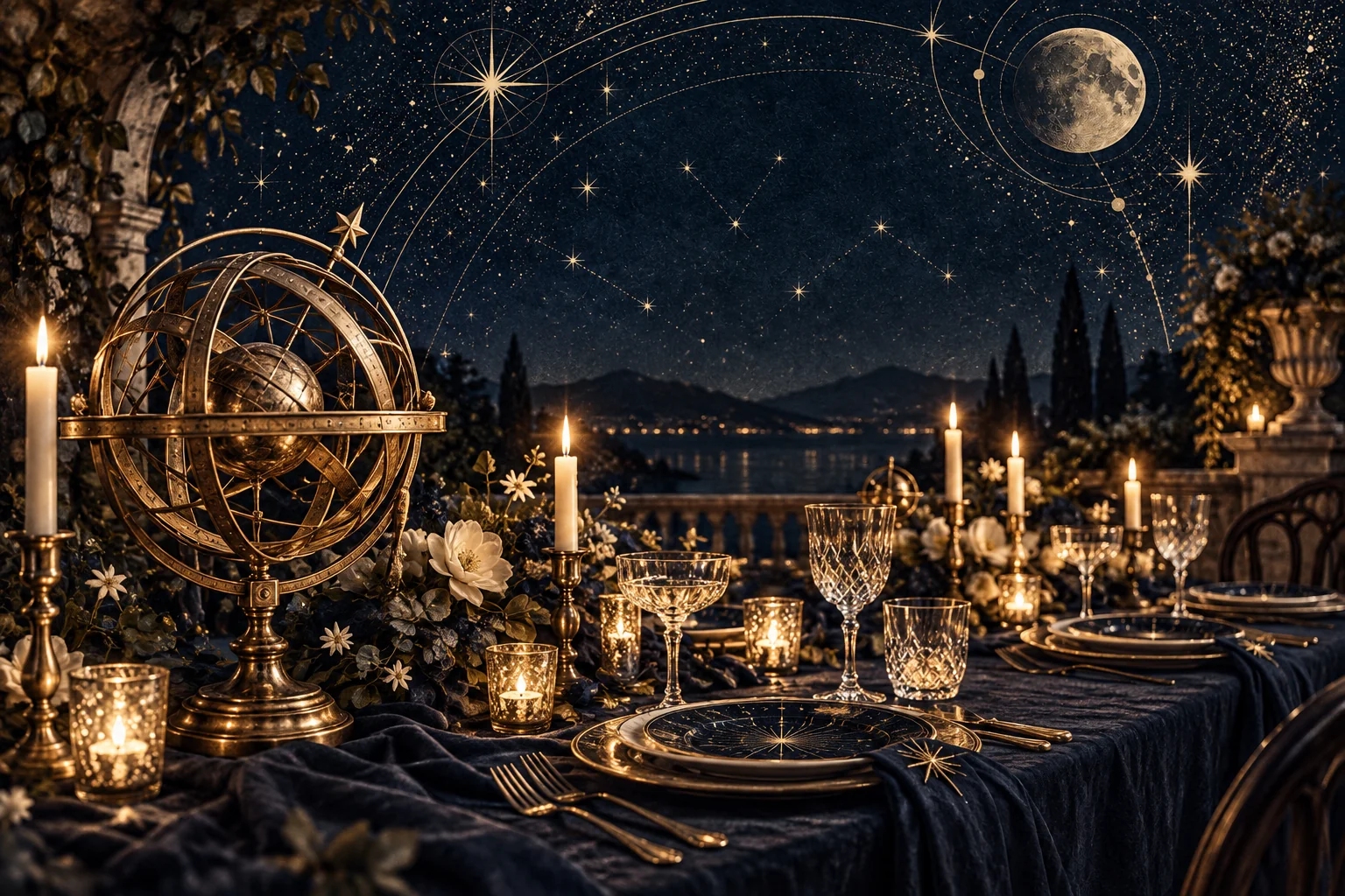 An antique armillary sphere and candlelit wedding table beneath a star-filled sky