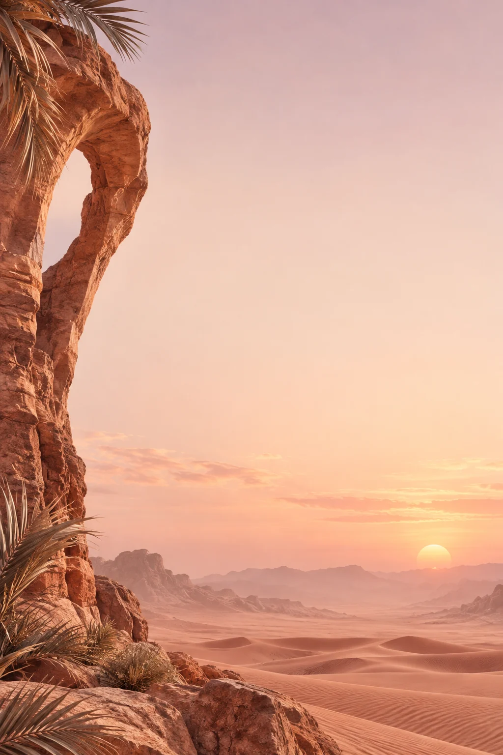 A sandstone arch and desert palms overlooking dunes at sunset