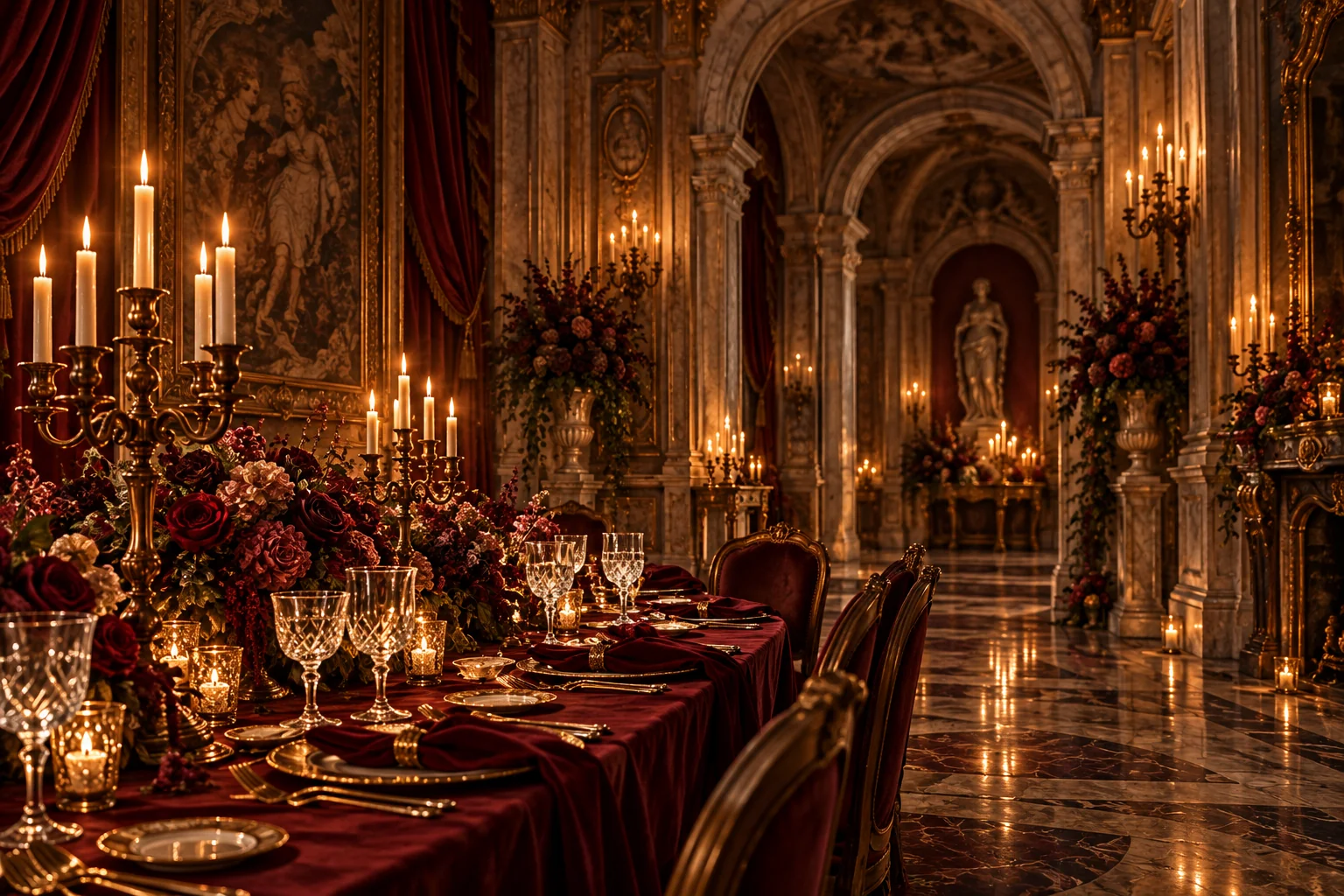 An ornate palazzo with red roses, gold candelabras and velvet-covered wedding tables