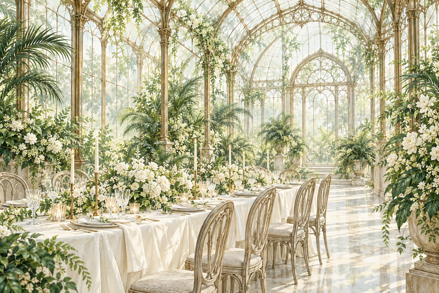 A sunlit Victorian glasshouse filled with foliage and a long white wedding table