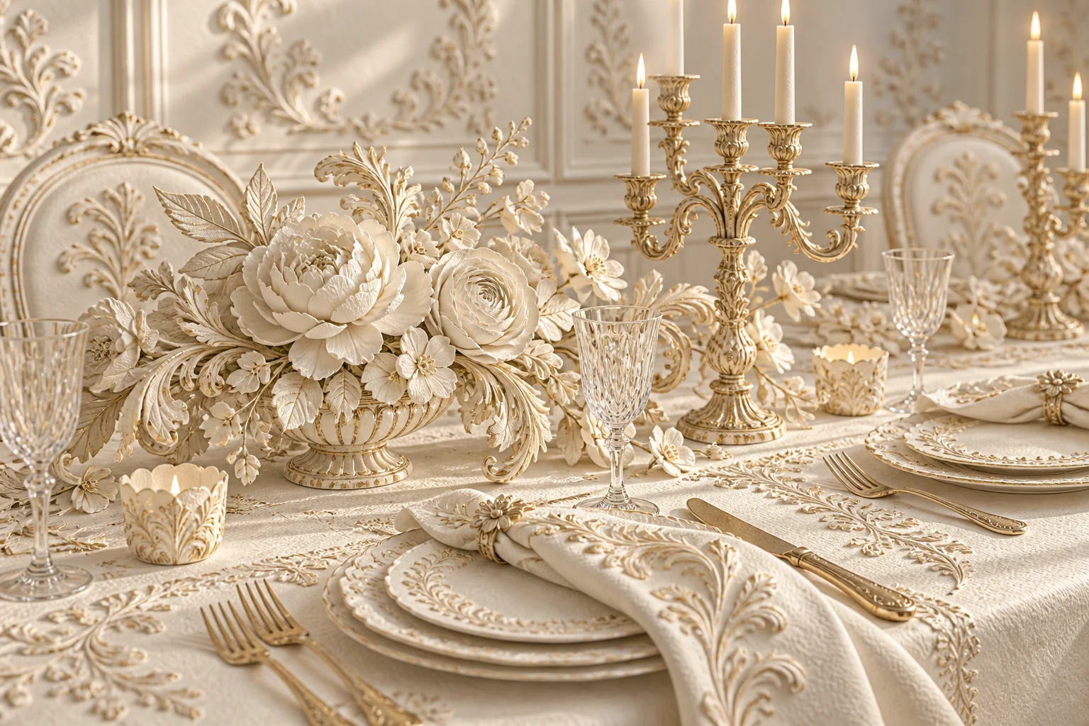 Sculpted ivory flowers, gilded candelabras and ornate cream wedding tableware