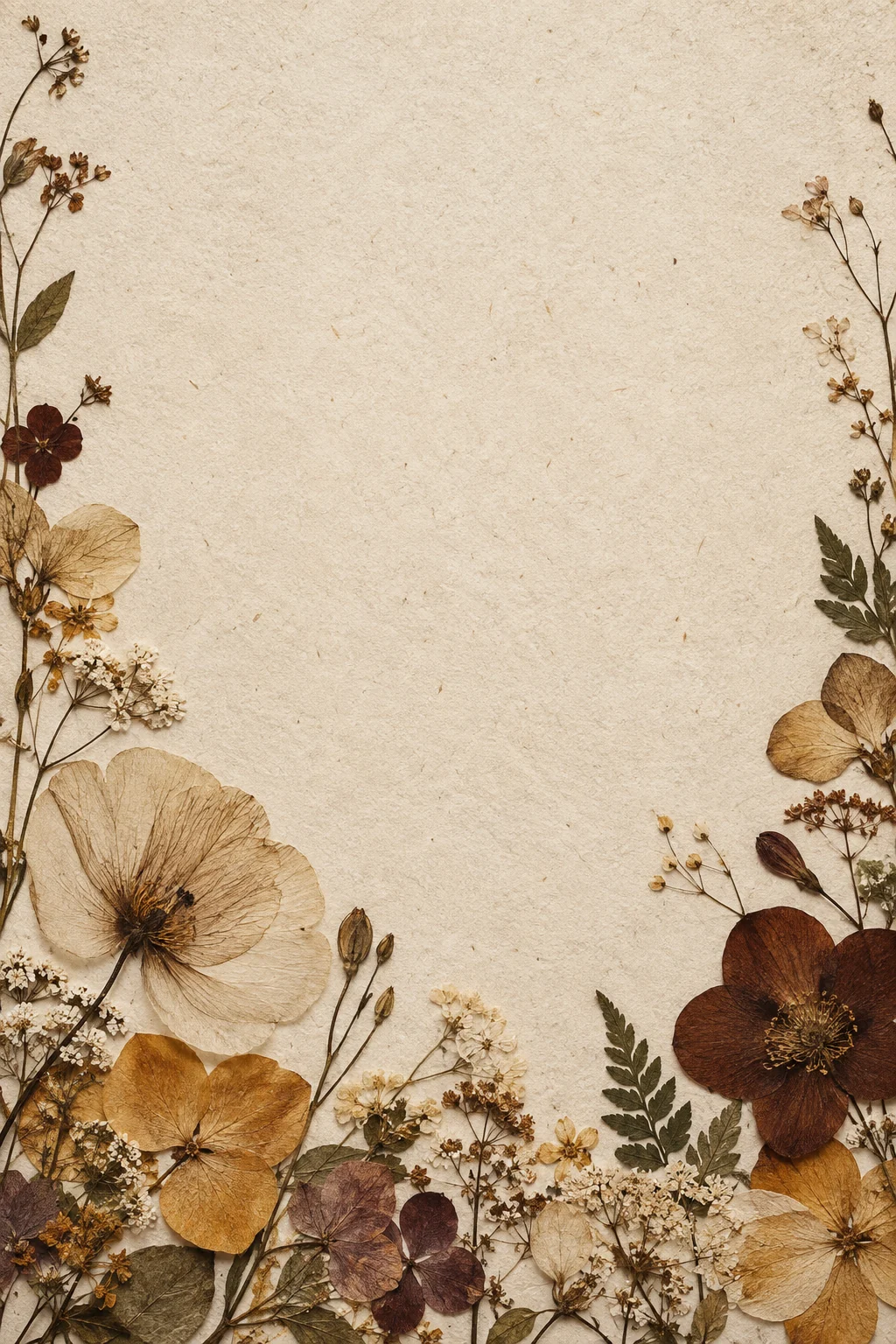 Pressed hydrangea petals and autumn flowers around handmade paper